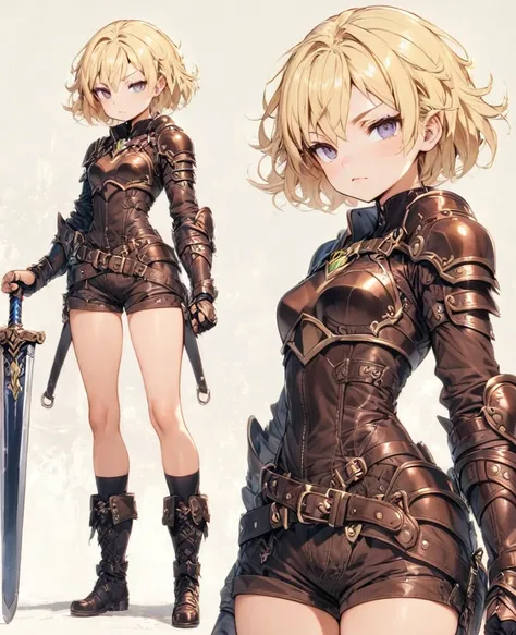 boyish　Berry Short　Slanted Eyes　Thighs　Blonde　Swordsman　Two-Way　Short Dagger　Leather Armor　Petite　whole body