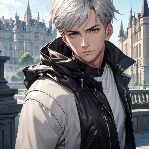 A handsome man，Clear facial features，Flat expression，black leather jacket，Short silver Hair, hazel eyes, The background is a castle that holds the universe