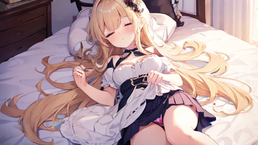 floor、mini skirt，Clothes with intricate details，Bright，Swimsuit，one person，blond，Sexy、Deep sleep、long hair、Stockings