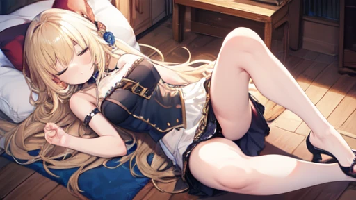 floor、mini skirt，Clothes with intricate details，Bright，Swimsuit，one person，blond，Sexy、Deep sleep、long hair、Stockings