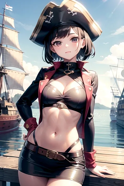 create a 25-year-old anime chia in pirate clothing with a miniskirt in a landscape of a dock and pirate ships holding a pirate sword