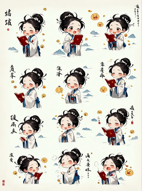 A little girl in a white robe reads, traditional clothes, animated character design, Chinese painting, light gray, cute, modest charm, emoticon package, multiple postures and expressions, anthropomorphic style, black strokes, different emotions, multiple p...