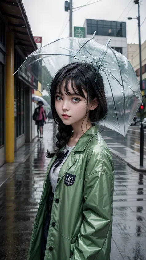 Anime girl, using brwon scholl clothes, using a umbrella in a rainy day, Los Angeles, 60s, black hair, green eyes, looking cute, shiny, aesthetic ilumination.