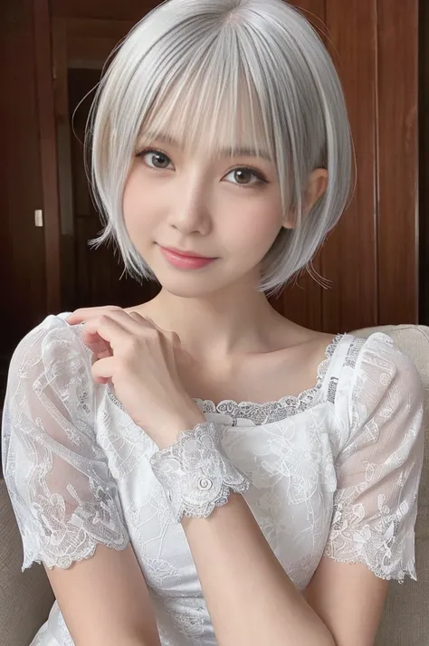 1girl, 12 years old, Japanese, incredibly cute, neat and clean, happy smile, detailed charming eyes, detailed face, (laced onepiece, ultra slender, incredibly white and beautiful skin, short silver hair:1.75), (best quality,4k,8k,highres,masterpiece:1.5),u...