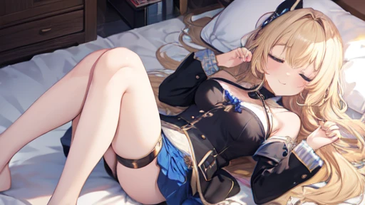 floor、mini skirt，Clothes with intricate details，Bright，Swimsuit，one person，blond，Sexy、Deep sleep、long hair、Stockings