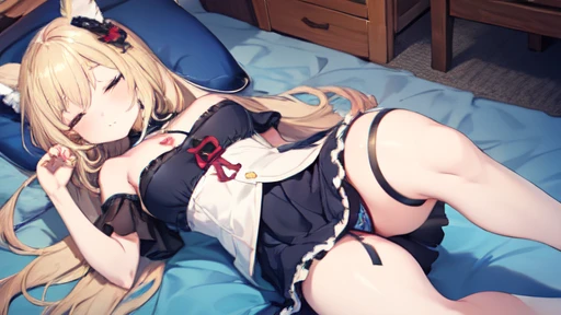 floor、mini skirt，Clothes with intricate details，Bright，Swimsuit，one person，blond，Sexy、Deep sleep、long hair、Stockings