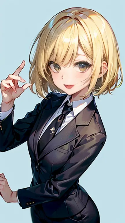 (AkiyamaYukari:1.25),

One Woman,

(Blonde:1.5),
(short,)Bobcut,

Early 20 years old,Natural skin texture,Narrow waist,Thin type,
(Asian Skin:1.9),Height: 168cm,Japanese Girl,,
Yellow eyes,Small breasts,

((((Black business suit)))),
(((Black Business Pant...