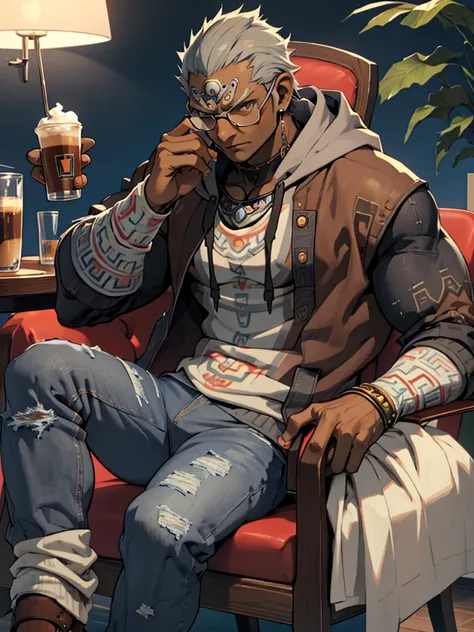 masterpiece、grey hoodie、blue jeans、holding a coffee cup in hand、glasses、ganondorf, dark skin、sitting in a chair