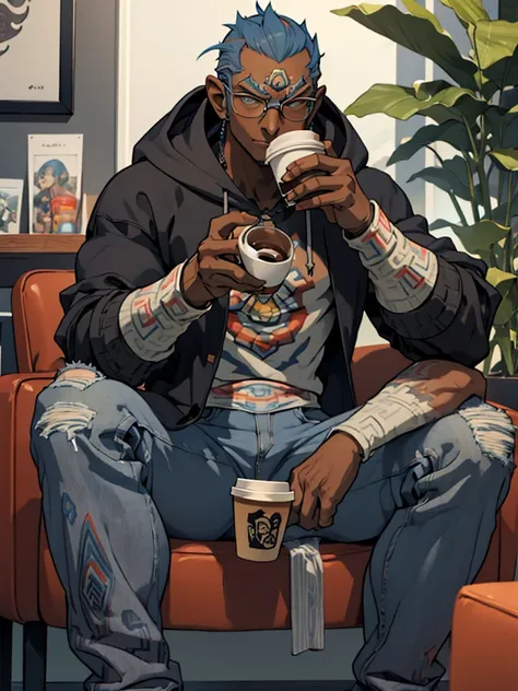 masterpiece、grey hoodie、blue jeans、holding a coffee cup in hand、glasses、ganondorf, dark skin、sitting in a chair