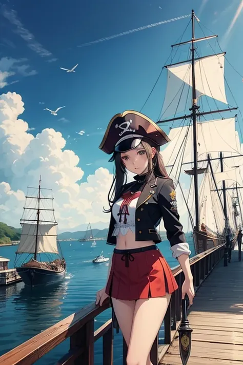 create a 25-year-old anime girl in pirate clothing with a miniskirt in a landscape of a dock and pirate ships holding a pirate sword