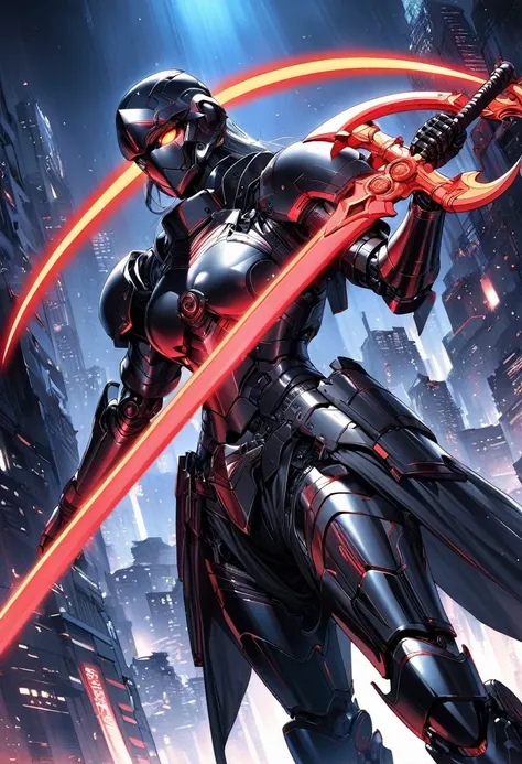 (Best quality,high resolution),Angel with huge golden laser sword,Black Armor, Have a pair of exquisite eyes,Raise the sickle，45 degree angle,Mechanical prosthesis,monochrome exposure,Dramatic Lighting,Cityscape with red holographic sci-fi projection,Sci-f...