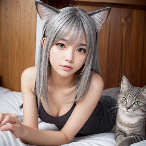 show off pussy, gray hair, cat ears