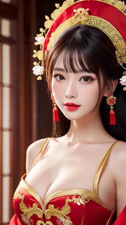 1girl,elegant fashionable chinese dress,china traditional costume,flower hair ornaments,(masterpiece:1.4),(best quality:1.4),glowing skin,red lips,looking at viewer,large breasts,kissable lips,gigantic ,nsfw,beautiful face,upper body