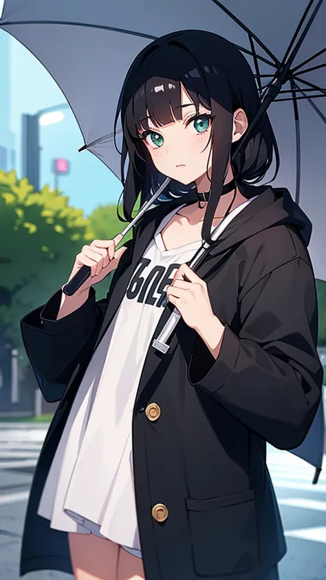 Anime girl, using brwon scholl clothes, using a umbrella in a rainy day, Los Angeles, 60s, black hair, has green eye, looking cute, shiny, aesthetic ilumination, Anime,