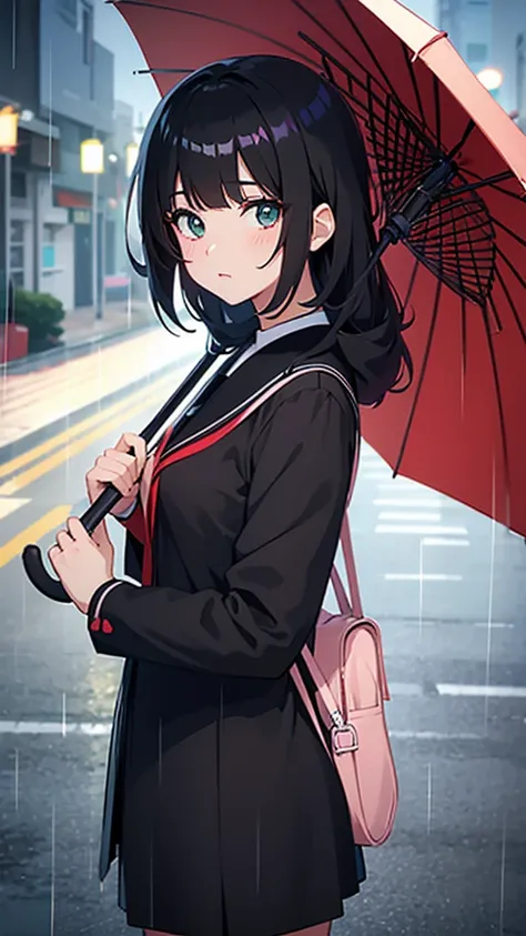 Anime girl, using brwon scholl clothes, using a umbrella in a rainy day, Los Angeles, 60s, black hair, has green eye, looking cute, shiny, aesthetic ilumination, Anime,