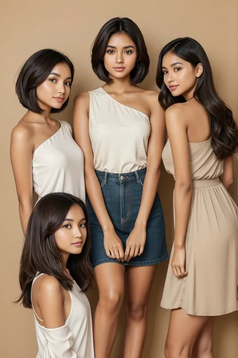 2 morena girls with short hair, 1 tall girl with shoulder length hair and neutral skin toned, 1 tall girl brown and wavy short hair

