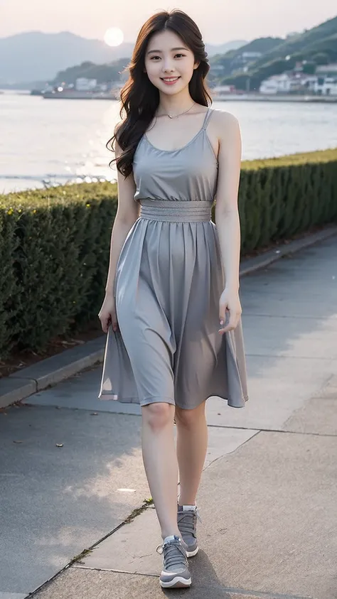  (masterpiece, top quality, best quality,1girls,Korean, beautiful face, smile, long hair, 19 years old, tank top, ((Light grey straight dress:1.1)), White shoes, hills, full body view, sunset，