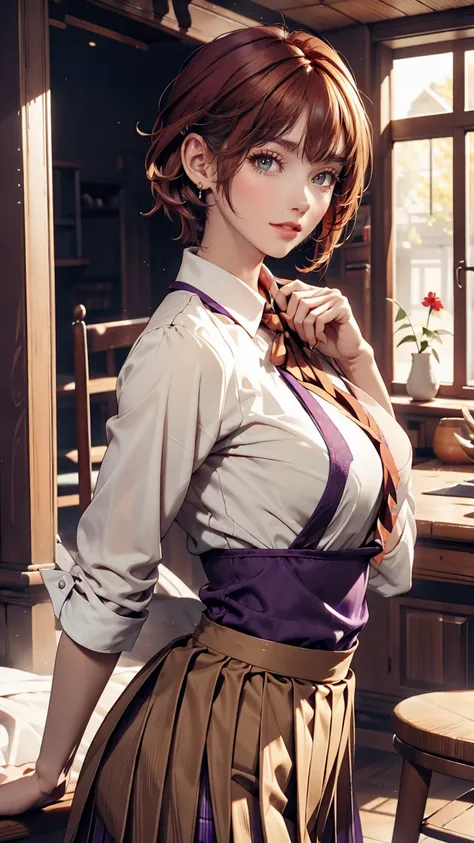 Maid, Blonde, Purple eyes, smile、Headdresaid服、Red hair、Pixie Cut、Sexy proportions、Sexy、Wear a mini pleated skirt