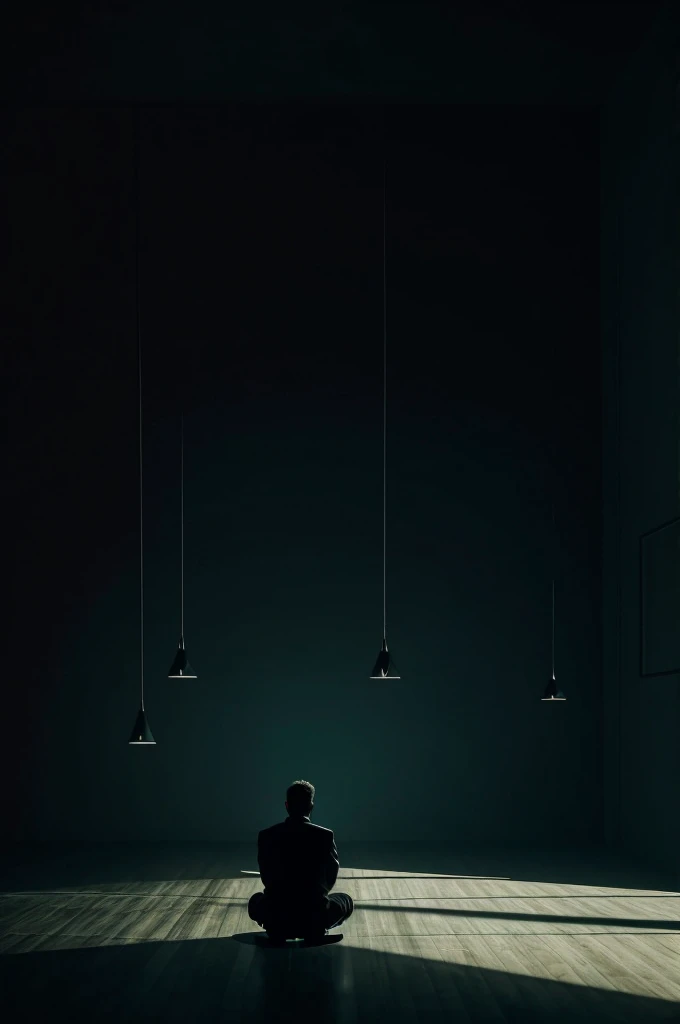 “A man sits alone in a dimly lit room, illuminated only by the soft glow of a computer screen. He is surrounded by the dark, empty space, emphasizing his isolation. The background shows faint, shadowy figures, representing the distant and intangible connec...