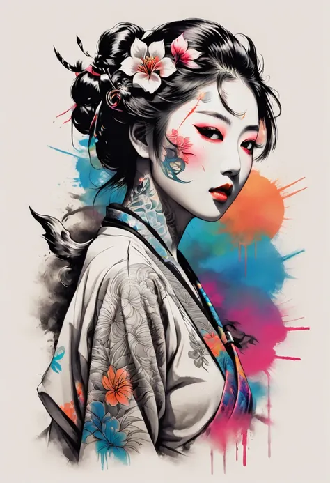 design a t-shirt featuring a fantasy japanese illustration of a samurai geisha tattooed shoulder. (half body portrait)  combine ...