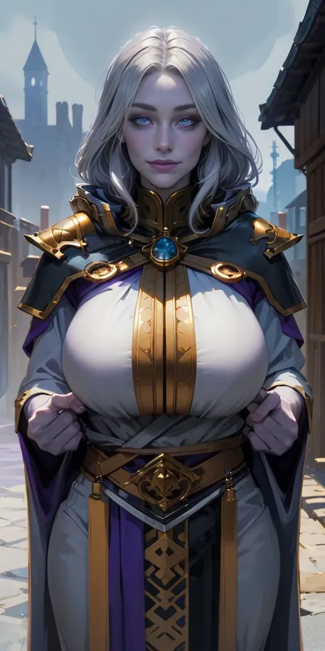 (Female chest covered)(smile) Gray skin, pale golden hair and violet eyes. She prefers clothing of white and silver with cloaks of deep blue or purple, village background, huge_knockers ((very precise detailed)) ((highres)