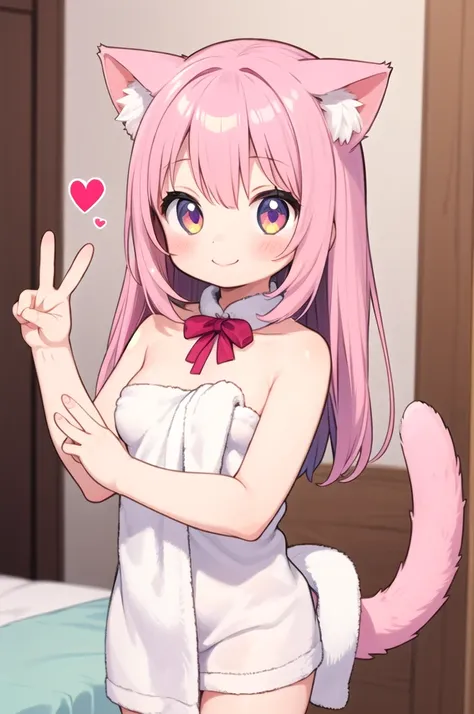 One girl,Cat girl,Animal ears,tail,View your viewers,smile,peace sign,Cute pink room,Heart Items,ribbon,Are standing,Upper Body,1 towel,