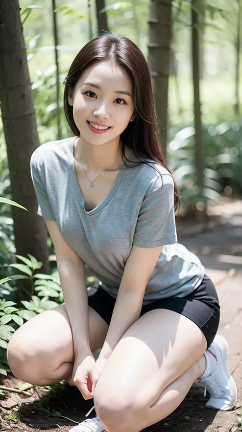 masterpiece, best quality, Surreal, Ultra Detailed, 8k resolution, RAW photos, Clear focus, (A girl in the forest), ((light gray shirt:1.1)),  Short sleeve, sports Shorts,Full body posture, Solitary, Perfect body, Become a, 32 inches in the chest,(a charmi...