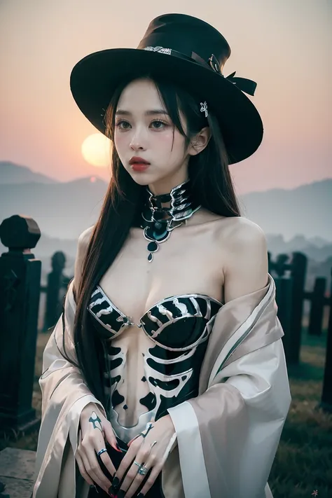 arafed woman in a skeleton costume with a hat on her head, hone onna skeleton geisha, skeleton girl, xue han, goddess of death, goddess of death in a graveyard, inspired by Xie Huan, eerie art style, saint skeleton queen, lulu chen, halloween art style, ji...