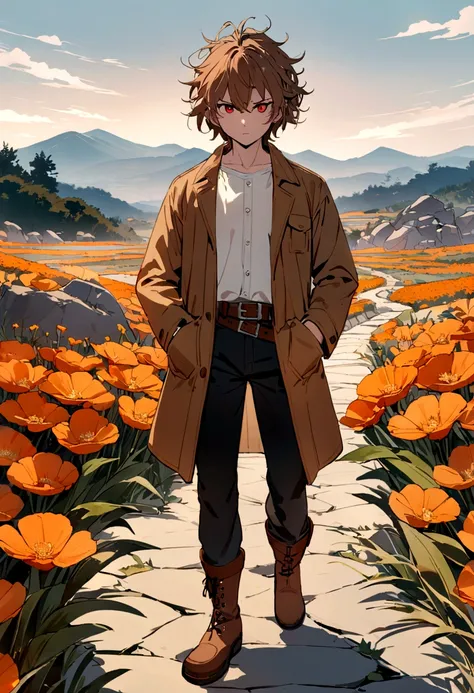 (8k, Best Quality, Masterpiece) an anime character/Manga . The character has white, messy hair., red eyes and determined expression. He wears a brown jacket with red details, a white shirt, dark pants and boots. He has a belt with various pockets and tools...