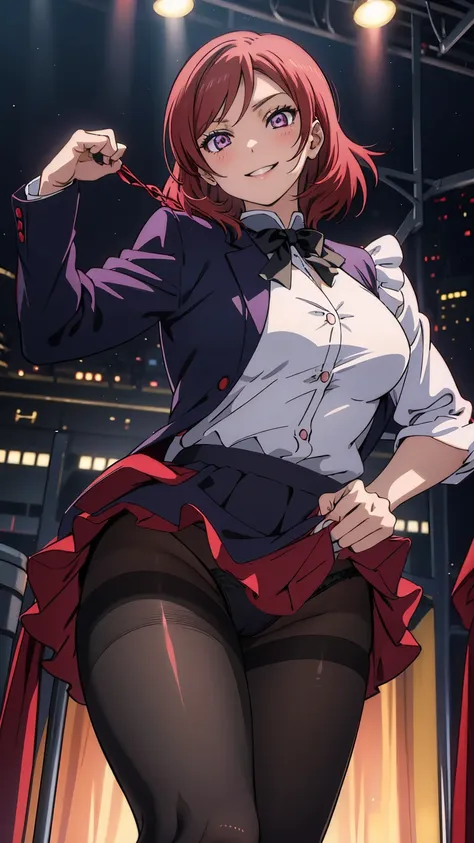 Maki Nishikino、One Girl, Five Fingers, mini skirt, Looking down at the viewer,, Highest quality, Focus on the thighs, Dynamic pose, smile, blazer, blouse, Black Pantyhose, panties under pantyhose, Standing Split, Stylish pose,My thighs and groin are steamy...