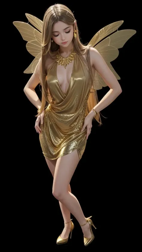 Full body beautiful girl, light brown straight hair, gold dress, golden fairy wing, high-heels.