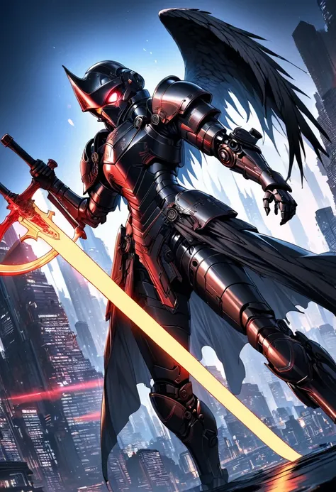 (Best quality,high resolution),Angel with huge golden laser sword,Black Armor, Have a pair of exquisite eyes,Raise the sickle，45 degree angle,Mechanical prosthesis,monochrome exposure,Dramatic Lighting,Cityscape with red holographic sci-fi projection,Sci-f...