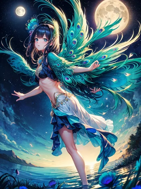 Highest quality,Highest Resolution,４K quality,１Feathered peacock,Spread your wings,front,moonlight,Starry Sky,Night Sky,lake,