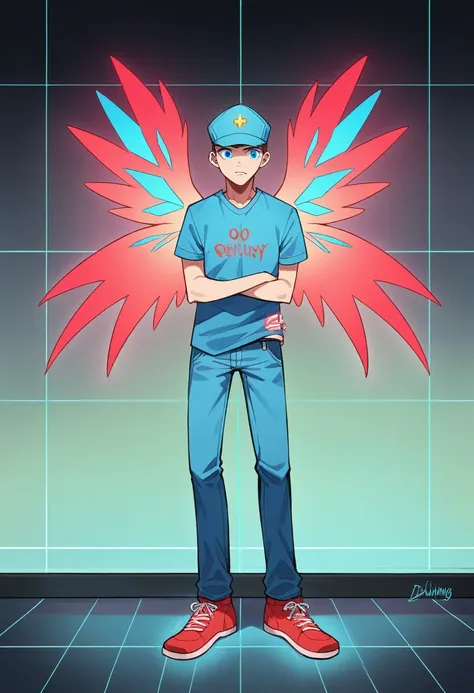 In this striking and futuristic scene, a mysterious individual stands confidently before a mesmerizing neon wall, illuminated in bright blue hues. The person is casually dressed, donning a navy blue T-shirt, navy blue cap, blue jeans, and red shoes, which ...