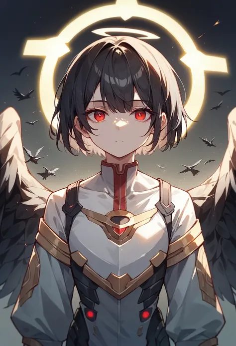 NSFW,girl(Medium short bob hair,Black Hair,Bright red eyes,Expressionless),(Black wings,Golden Angel Halo),A cyber suit that shows normal chest and body lines,Crow,The city lights shine golden、Create a dramatic atmosphere,Owns a laser gun
