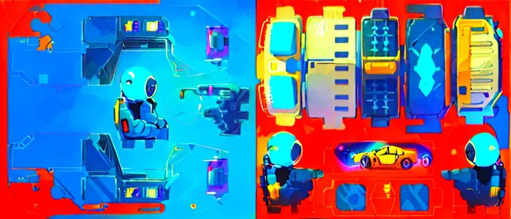 Fusion Mecha Parts, highly detailed panel cuts, Spacesuit cartoon，Space car cartoon, Heavy Line Drawing,Vehicles with steering wheels, Fusion Mecha Parts, highly detailed panel cuts,线条分割成Different colored tiles，Different colored tiles，Color blocks，Bright c...