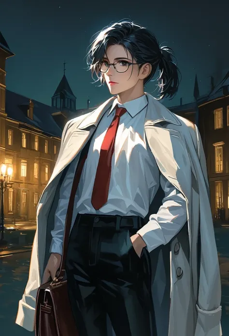 ((adult)), (woman), ((tall)), Moses from distortion detective, masterpiece, best quality, dark aura, black hair with white strips, (( short pony tail hair)), ringed dark eyes, glasses, plain white shirt, coat over shoulders, white shirt, messy red necktie,...