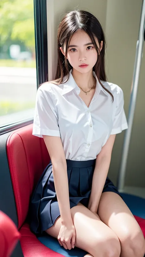 (masterpiece, Highest quality:1.2), 8K, 15 years, 85mm, Official Art, RAW Photos, absurdes, White dress shirt, Pretty face, close, Upper Body, violet, Gardenia, beautiful girl, , (Navy Pleated Skirt:1.1), Squeeze the waist, Thighs, Short sleeve, in the tra...