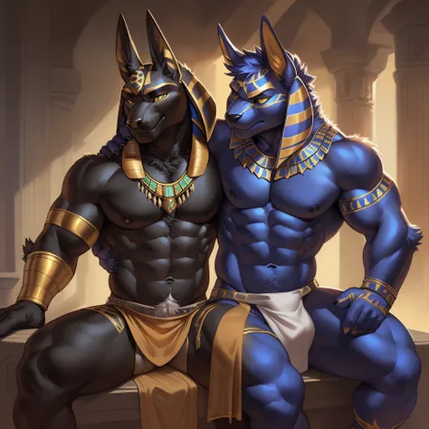 ((realistic)), upload on e621, by Garmash,Ruan Jia, darkgem, anthro, male, ((( detailed fluffy fur))), ((sitting)), detailed realistic painting, (((biceped))), (((shaded))) extreme detail, ((anubis)), loincloth