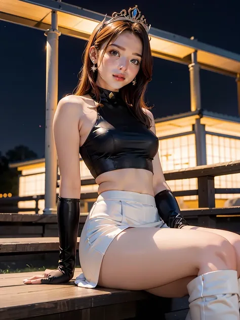 zephia, horns, tan ,tiara ,earrings, glossy lips ,team rocket uniform, red letter R, white skirt,white crop top,black thigh-high boots, black elbow gloves, evil smile, looking down on viewer, sitting down ,legs crossed, night sky background