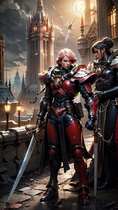 Bloody Rose Sisters pilot suit,  Elite Imperial law enforcers who patrol the desert, Holding a sword, Dress in detail (outer armor:1.2) ,  Sci-fi scene, Castle ruins in the distance, moonlight,    