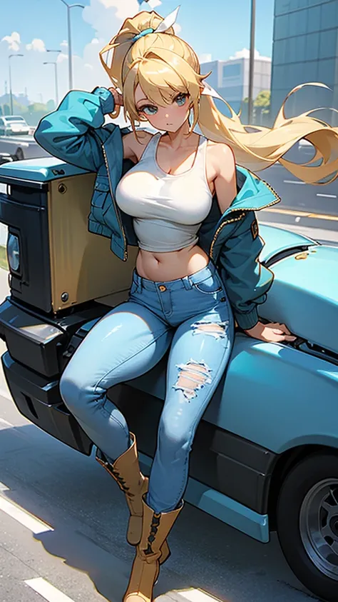 high resolution、high quality、masterpiece、detailed、Blonde、ponytail、Large white ribbon、White tank top、Open your chest wide、Burstingly Big Breasts、Put on your Air Force jacket、Belly button exposed、High leg cut jeans、Bare legs、Thick-soled boots、highway、blue sk...