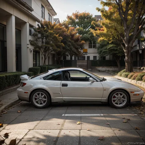 300ZX, White,autumn，Drift car parked on a street covered with leaves (City:1.3), fall, Full-area lighting, Volumetric lighting, best quality, Very detailed, Generate image processing, illustration, Octane Rendering,  