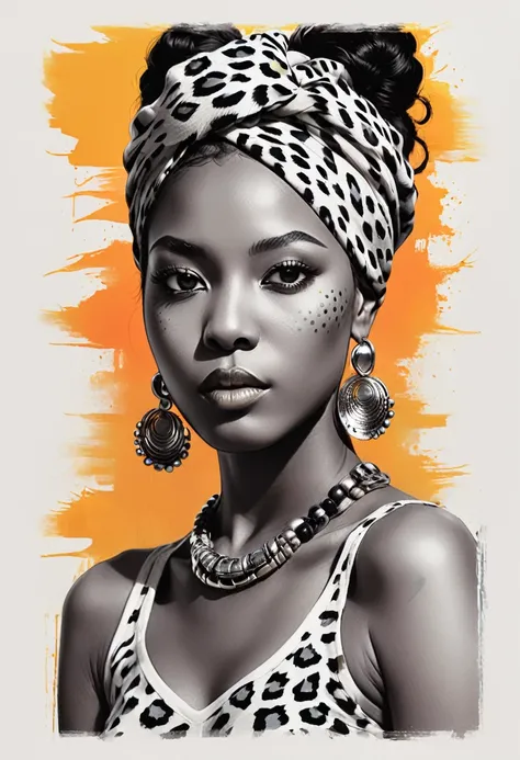 design a t-shirt featuring a fantasy  illustration of an african woman with head wrap leopard skin. (half body portrait) combine...