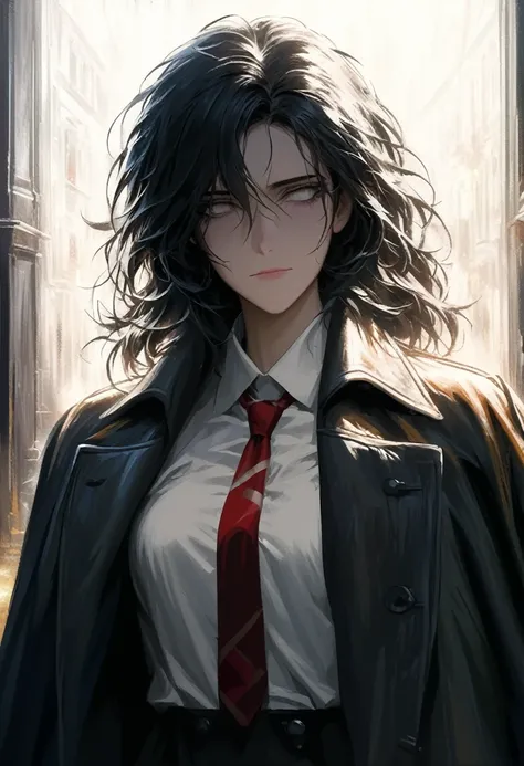 ((adult)), (woman), ((tall)), Moses from distortion detective, masterpiece, best quality, dark aura, black hair with white strips, (messy hair) , ringed white eyes, plain white shirt, coat over shoulders, white shirt, messy red necktie, (faint smile), real...