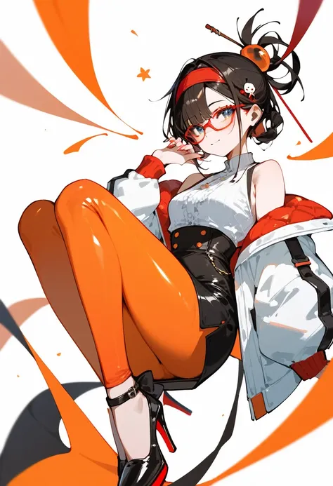 purah, 1girl, red glasses, hair ornament, hair stick, red headband, white shirt, bare shoulders, white jacket, black skirt, orange leggings, high heels, ,