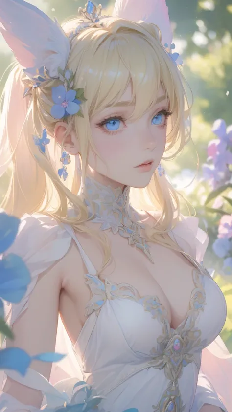 work of art, ultra creative, epic details, ultra detaild, best resolution, Woman, archer, blonde, (Beautiful nymph), (crown with pink and blue flowers), sculptural body, (clothes made with green leaves), ((perfect hands))), scenario:Enchanted Forest),  no ...