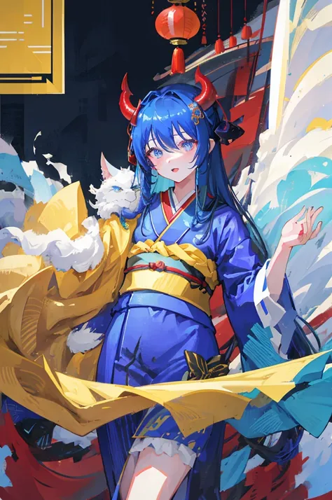 One woman、Blue Skin、Very long hair、Yellow Eyes、Devil horns、Japanese Kimono、Black kimono