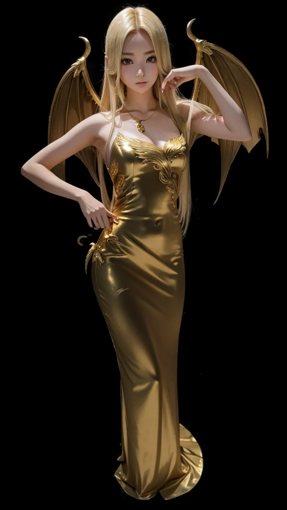 A perfectly beautiful girl, blonde straight hair, long gold dress, golden dragon wings.