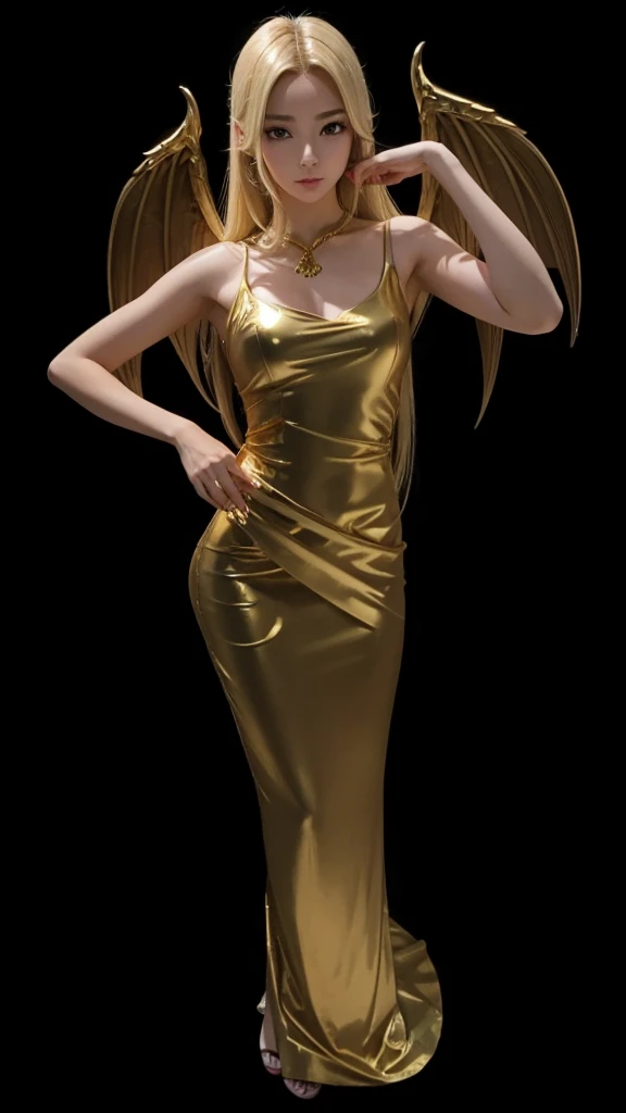 A perfectly beautiful girl, blonde straight hair, long gold dress, golden dragon wings.